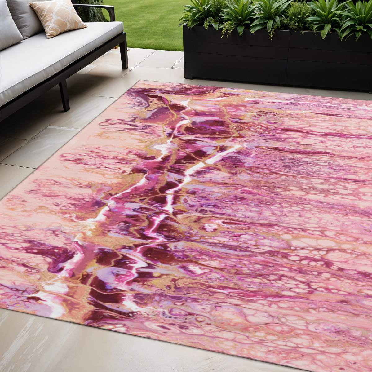 643536 5 x 8 ft. Raspberry Ivory & Gold Abstract Washable Contemporary Indoor & Outdoor Rectangle Area Rug