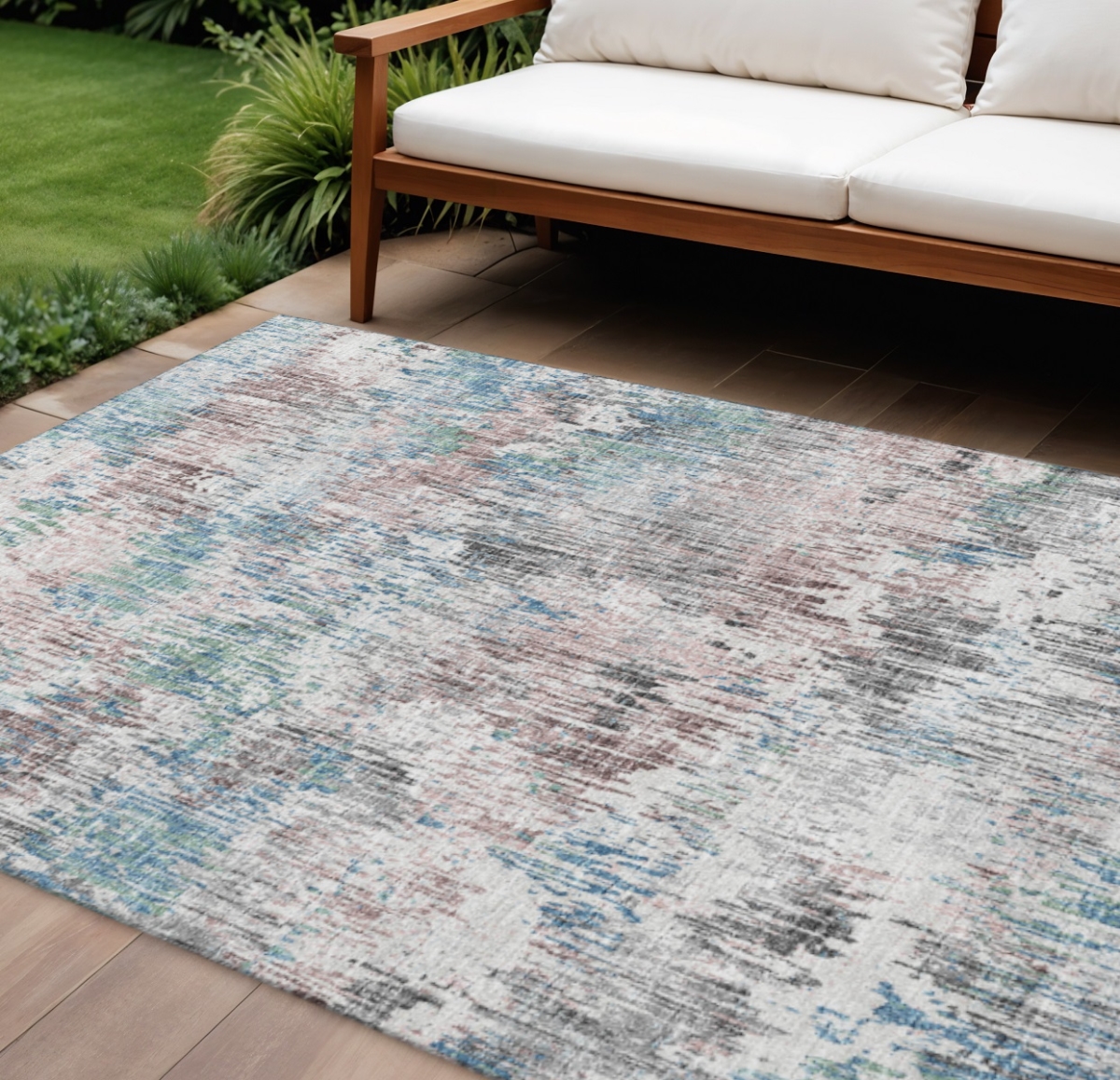 643570 10 x 14 ft. Blue, Ivory & Sage Abstract Washable Transitional Indoor & Outdoor Rectangle Area Rug