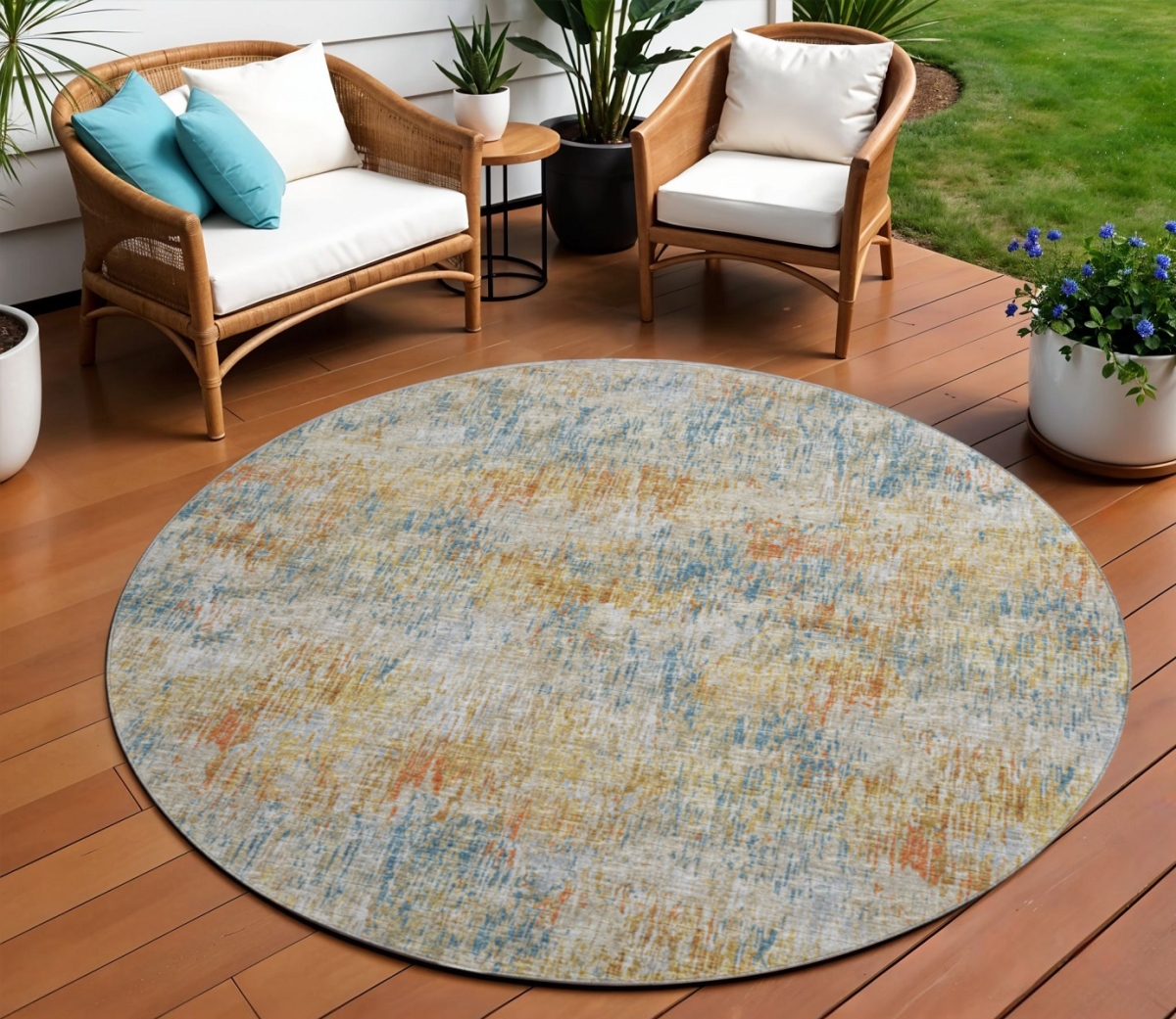 643573 8 ft. Gold Beige & Orange Abstract Washable Transitional Indoor & Outdoor Round Area Rug