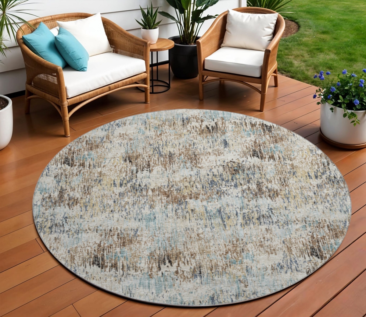 643579 8 ft. Midnight Ivory & Beige Abstract Washable Transitional Indoor & Outdoor Round Area Rug