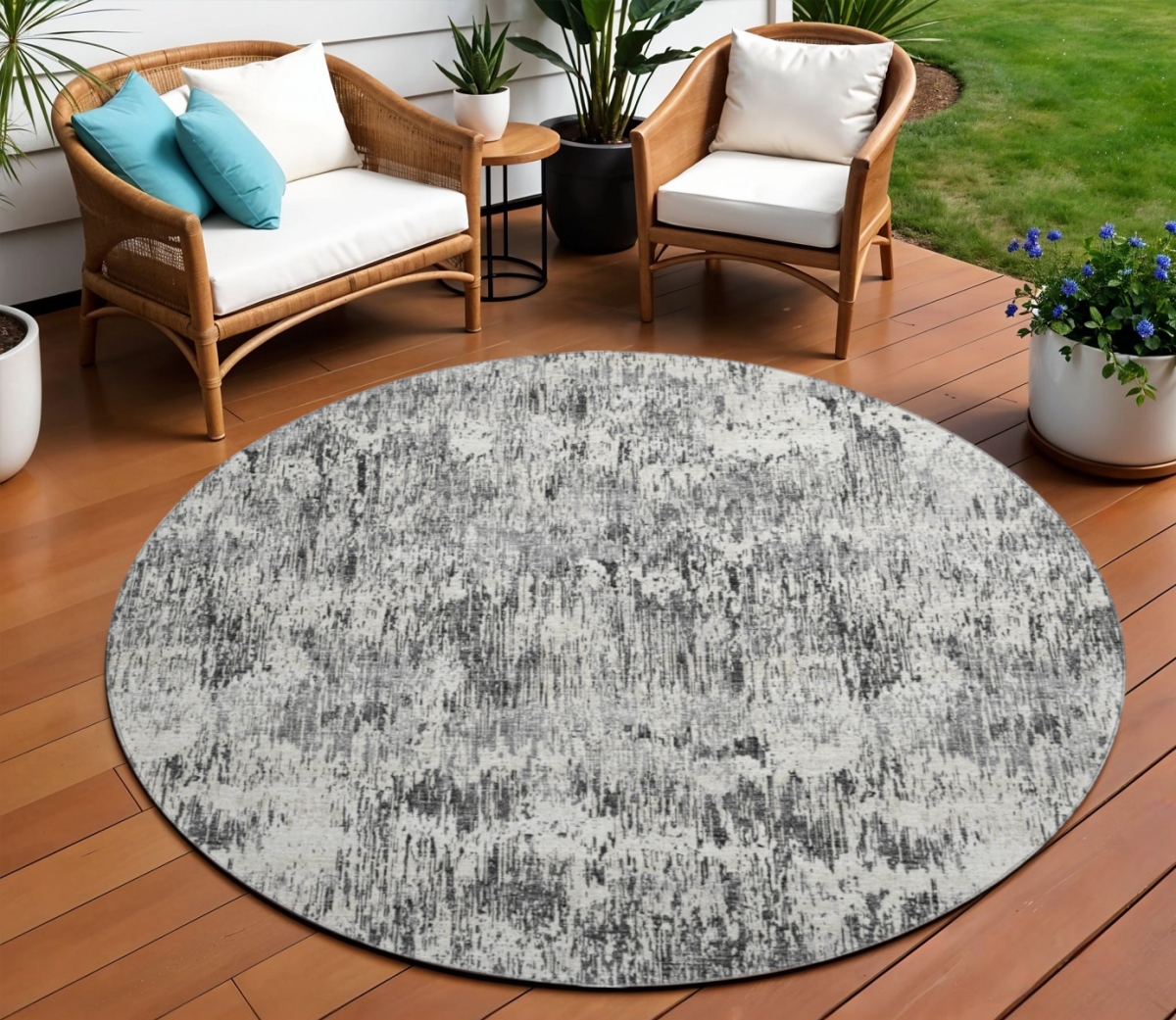 643585 8 ft. Gray Brown & Ivory Abstract Washable Transitional Indoor & Outdoor Round Area Rug