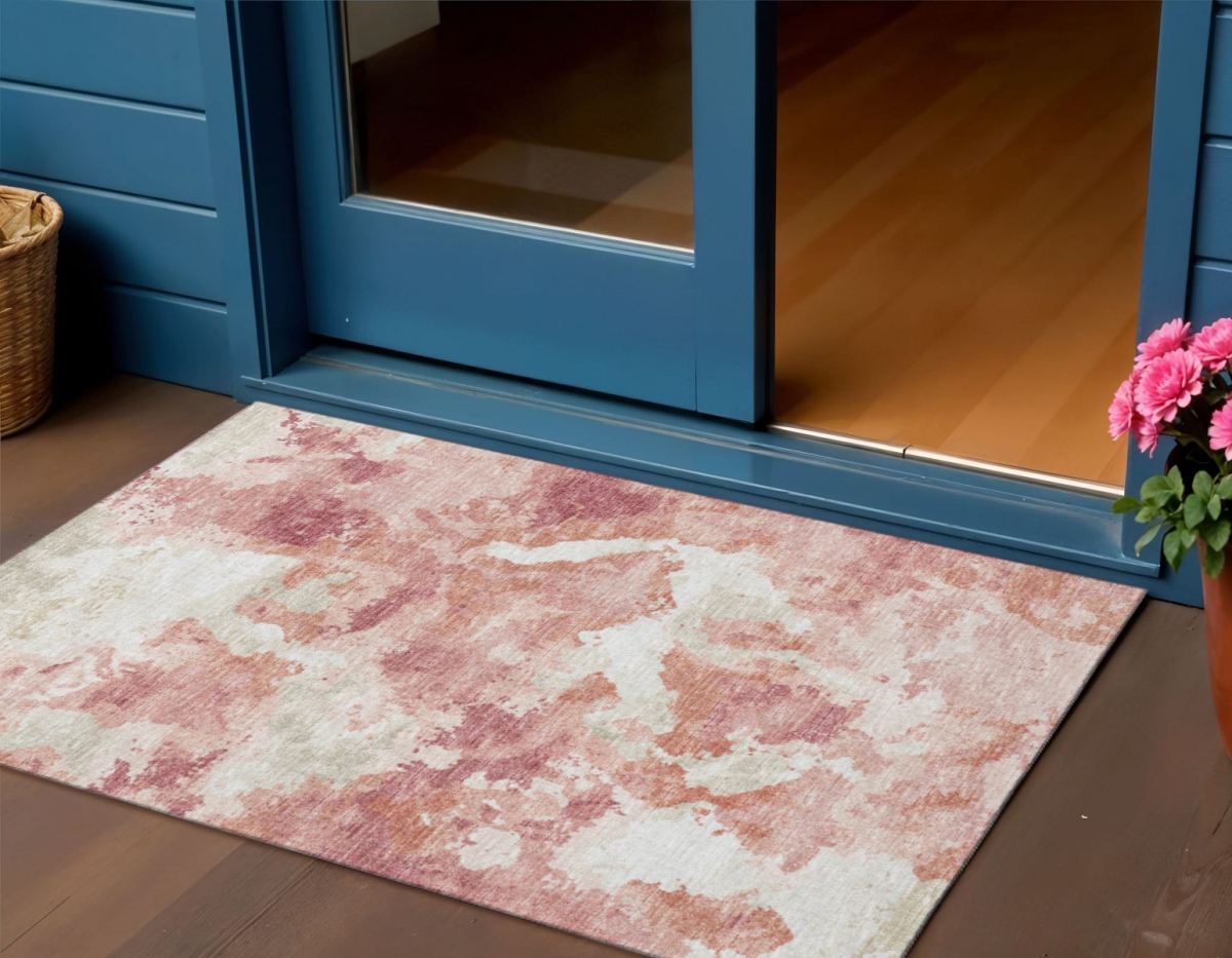 643601 3 x 5 ft. Pink & Ivory Abstract Washable Transitional Indoor & Outdoor Rectangle Area Rug