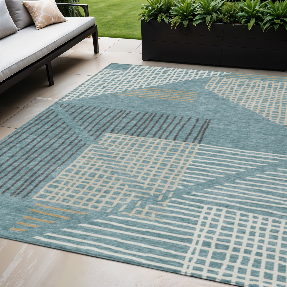 641417 5 x 8 ft. Teal, Blue & Ivory Striped Washable Transitional Indoor & Outdoor Rectangle Area Rug