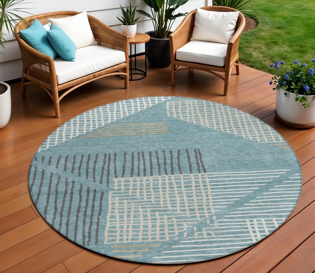 641418 8 ft. Teal, Blue & Ivory Striped Washable Transitional Indoor & Outdoor Round Area Rug