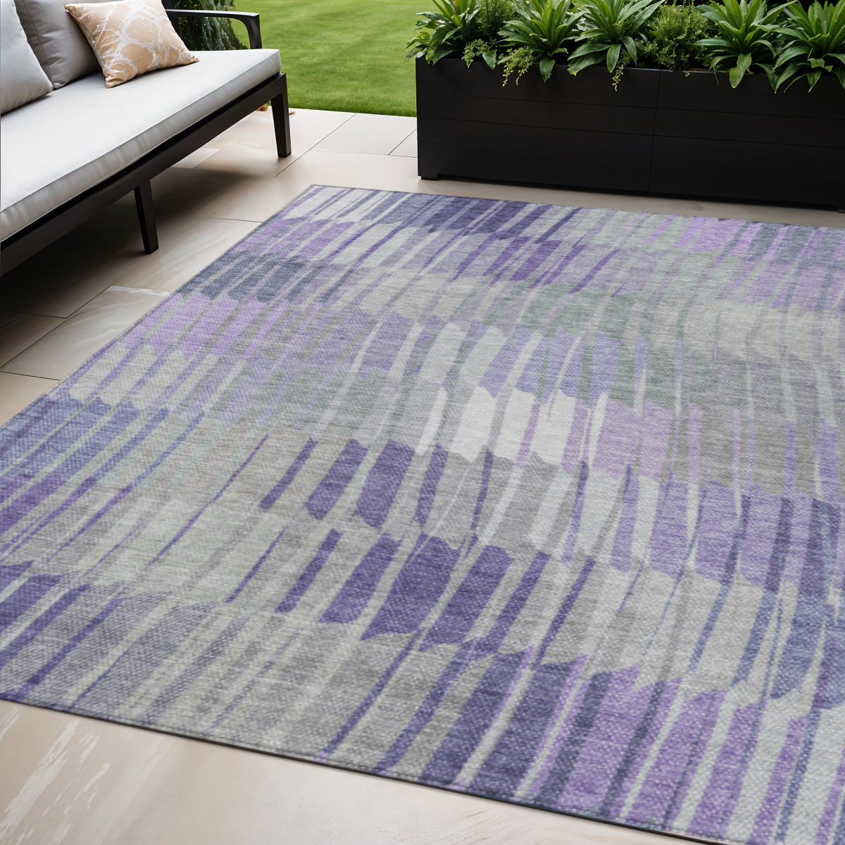 641435 5 x 8 ft. Lavender & Ivory Striped Washable Transitional Indoor & Outdoor Rectangle Area Rug