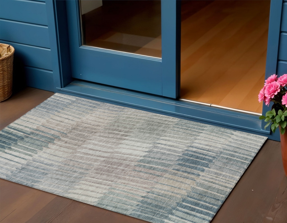 641452 3 x 5 ft. Sage & Ivory Striped Washable Transitional Indoor & Outdoor Rectangle Area Rug