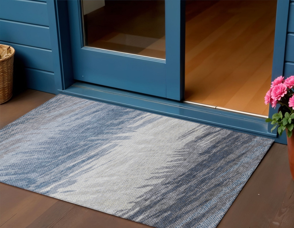 641476 3 x 5 ft. Denim Blue, Ivory & Gray Striped Washable Transitional Indoor & Outdoor Rectangle Area Rug
