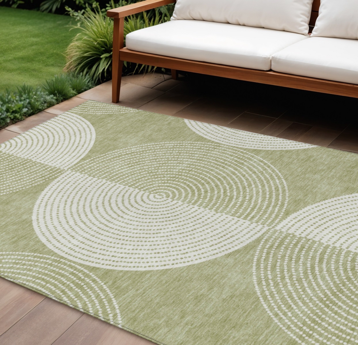 641583 10 x 14 ft. Artichoke Green & Ivory Geometric Washable Transitional Indoor & Outdoor Rectangle Area Rug