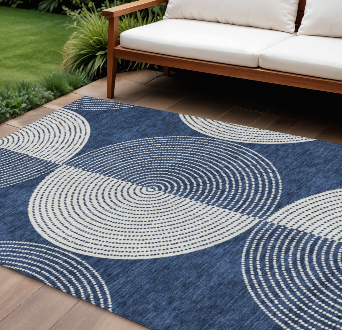 641631 10 x 14 ft. Navy Blue & Ivory Geometric Washable Transitional Indoor & Outdoor Rectangle Area Rug