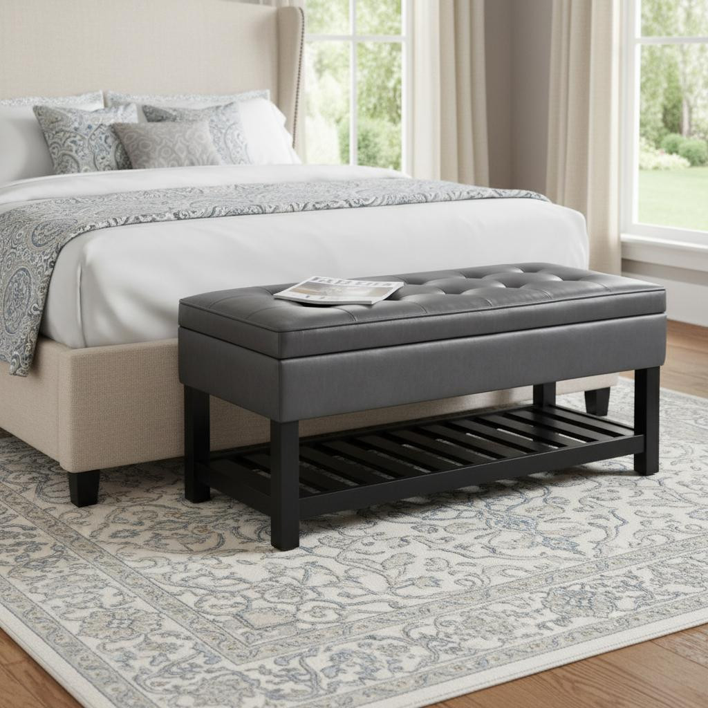 641818 44 in. Gray & Dark Brown Leather Ottoman with Storage