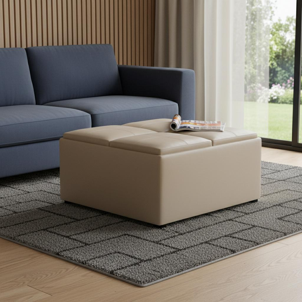 641863 35 in. Cream & Dark Brown Leather Cocktail Ottoman with Storage