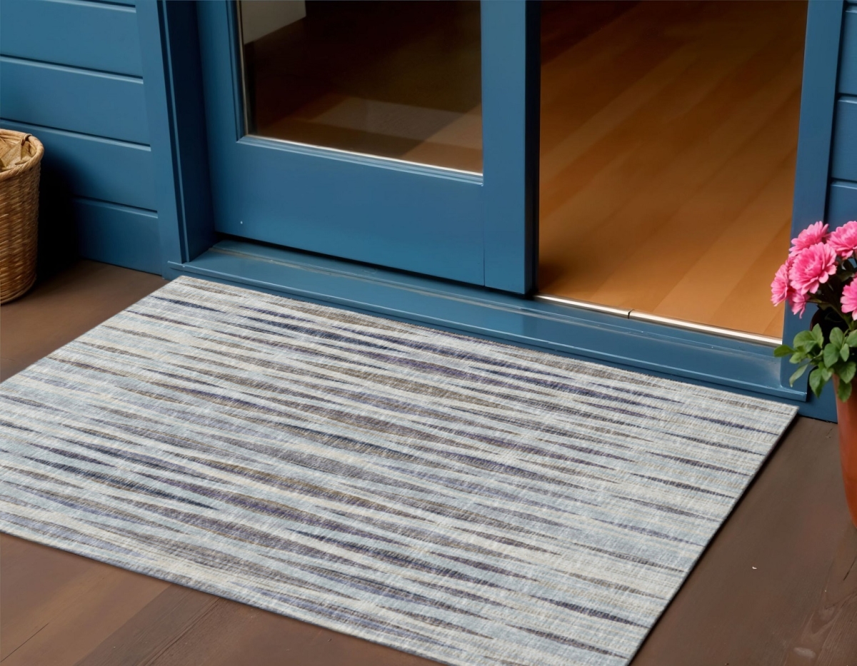 642326 3 x 5 ft. Pacific Blue & Beige Striped Washable Transitional Indoor & Outdoor Rectangle Area Rug