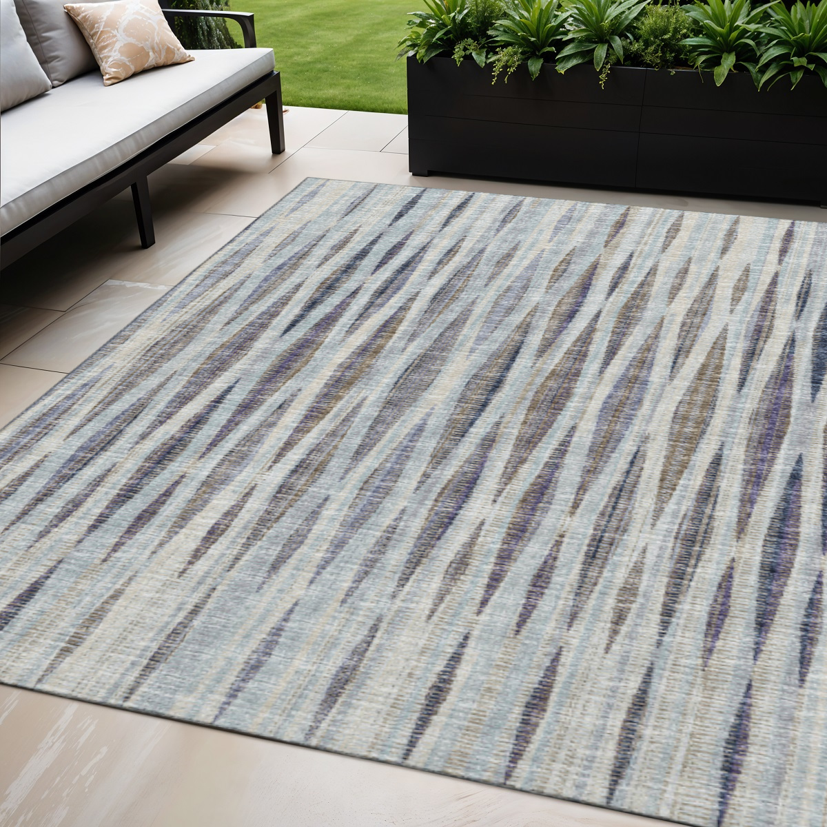 642327 5 x 8 ft. Pacific Blue & Beige Striped Washable Transitional Indoor & Outdoor Rectangle Area Rug