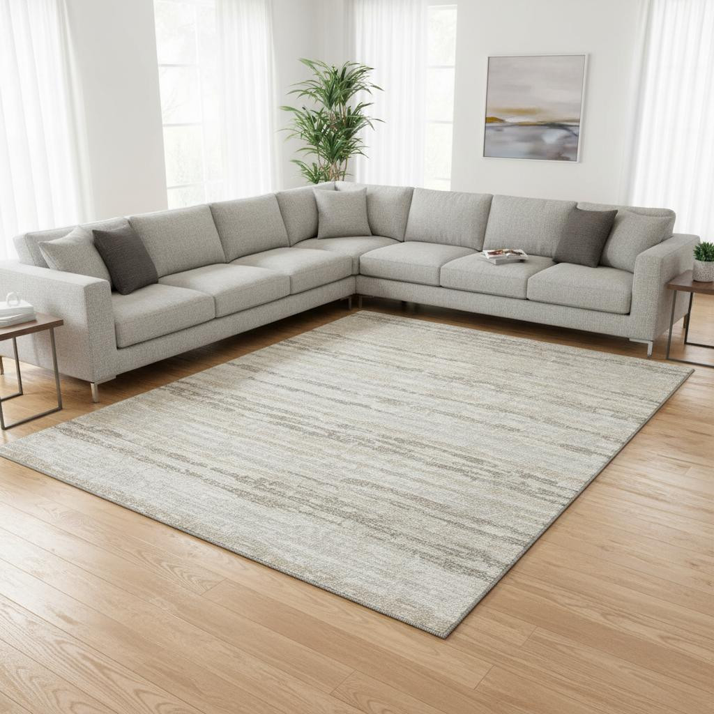 644035 10 x 14 ft. Khaki & Ivory Striped Transitional Washable Machine Made Rectangle Area Rug with UV Protection