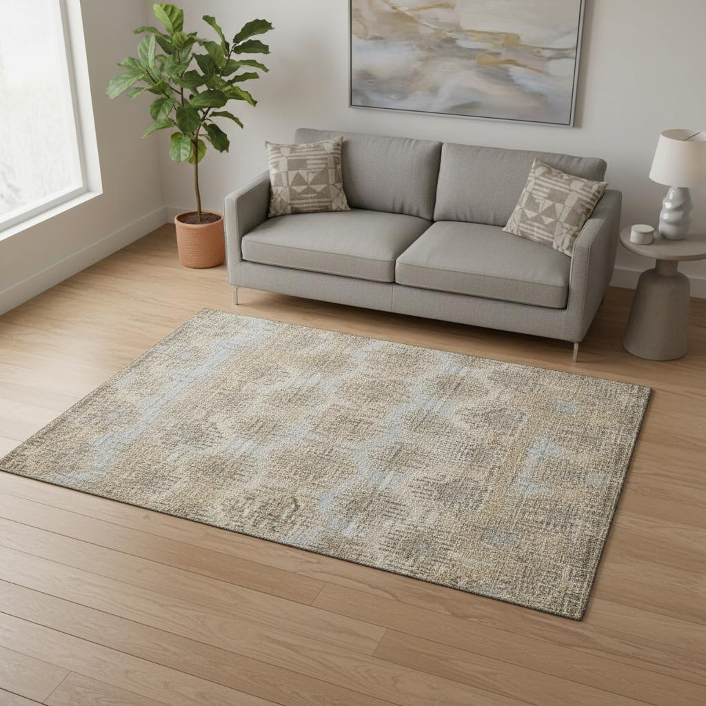 644158 5 x 8 ft. Brown, Ivory & Sky Blue Abstract Washable Machine Made Rectangle Area Rug with UV Protection