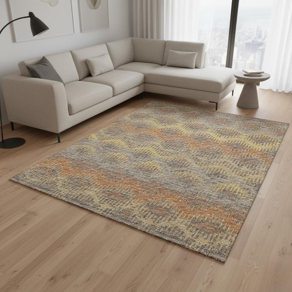 644174 10 x 14 ft. Burnt Sienna Gold & Gray Abstract Washable Machine Made Rectangle Area Rug with UV Protection