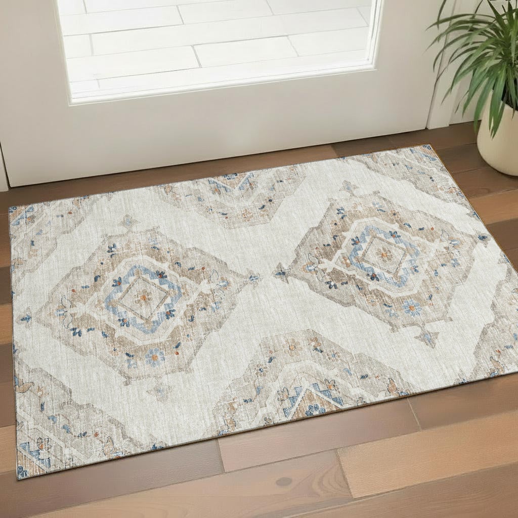 644175 3 x 5 ft. Linen, Ivory & Blue Tribal Washable Machine Made Rectangle Area Rug with UV Protection