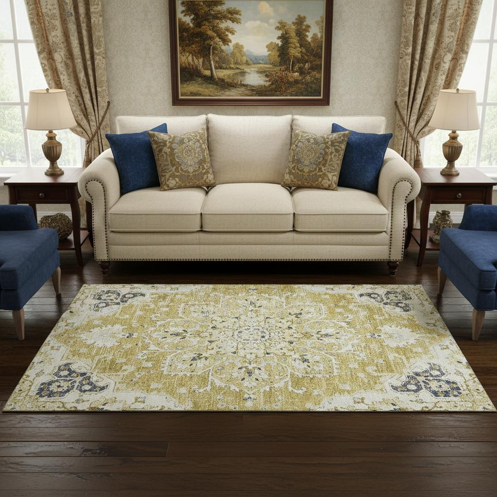 644534 5 x 8 ft. Gold Ivory & Blue Floral Medallion Washable Machine Made Rectangle Area Rug with UV Protection