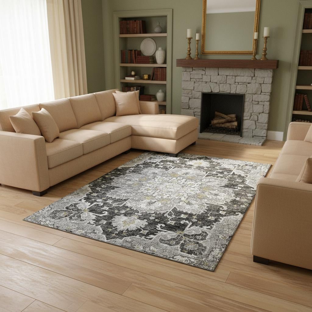 644549 9 x 12 ft. Graphite Gold & Charcoal Floral Medallion Washable Machine Made Rectangle Area Rug with UV Protection