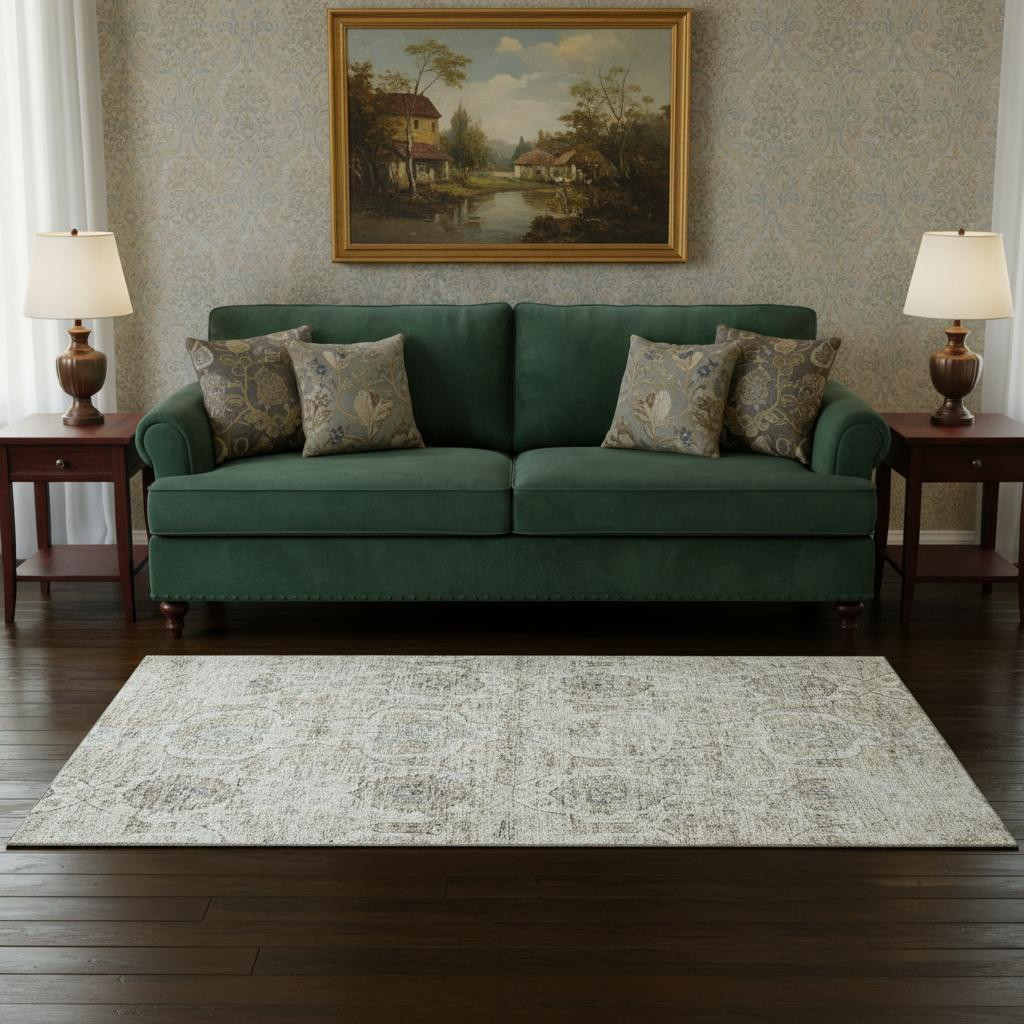 644576 5 x 8 ft. Linen & Ivory Floral Medallion Washable Machine Made Rectangle Area Rug with UV Protection