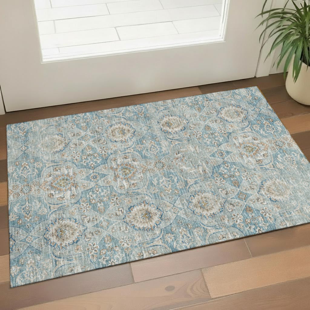 644581 3 x 5 ft. Persian Blue Coffee & Ivory Floral Medallion Washable Machine Made Rectangle Area Rug with UV Protection