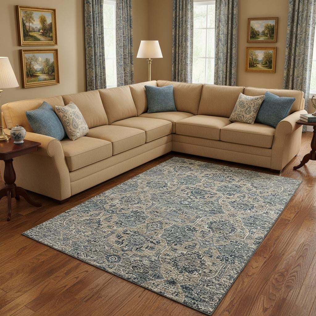 644596 8 x 10 ft. Denim Blue & Gray Floral Medallion Washable Machine Made Rectangle Area Rug with UV Protection