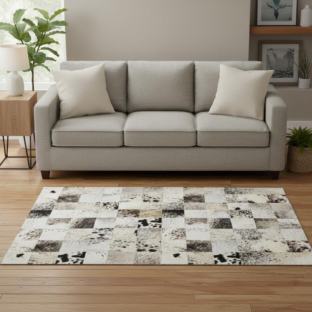 644732 5 x 8 ft. Granite Gray, Ivory & Black Patchwork Washable Machine Made Rectangle Area Rug with UV Protection