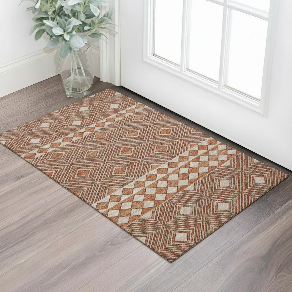 644755 3 x 5 ft. Burnt Sienna & Ivory Geometric Washable Machine Made Rectangle Area Rug with UV Protection