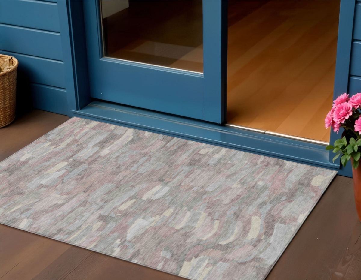 641224 3 x 5 ft. Blush & Gray Striped Washable Transitional Indoor & Outdoor Rectangle Area Rug