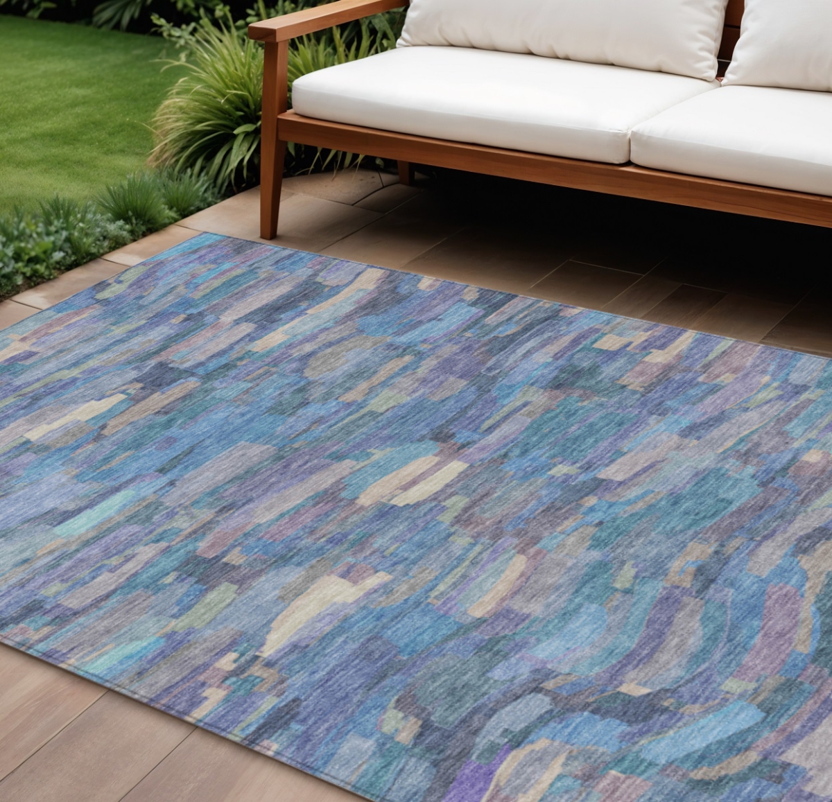 641241 10 x 14 ft. Denim Blue Lavender & Ivory Striped Washable Transitional Indoor & Outdoor Rectangle Area Rug