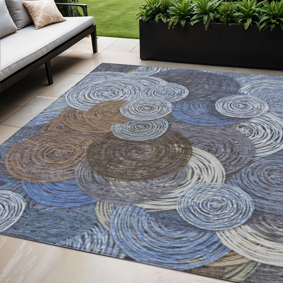 641279 5 x 8 ft. Blue Brown & Ivory Geometric Washable Transitional Indoor & Outdoor Rectangle Area Rug