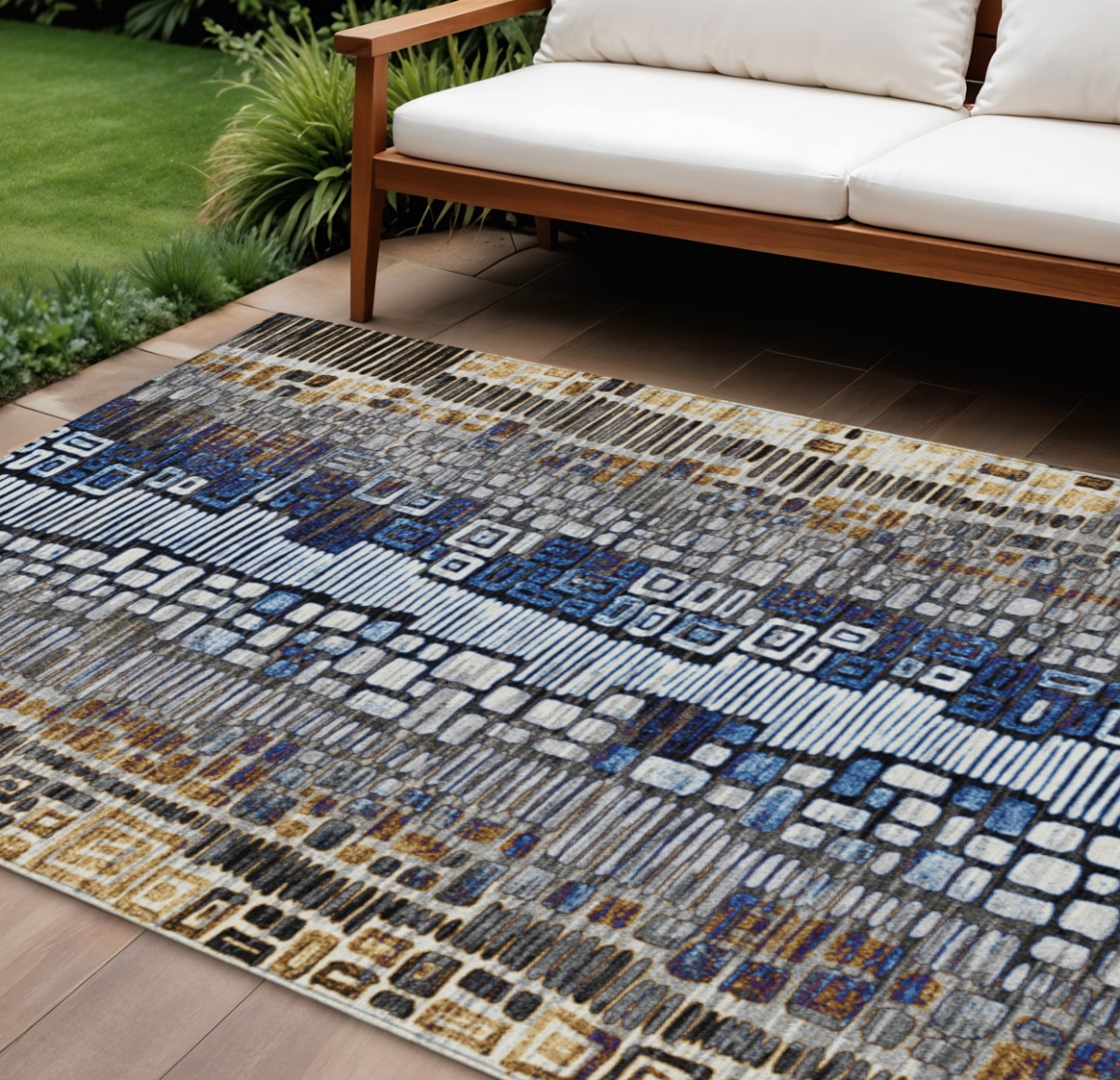 641331 10 x 14 ft. Pewter Ivory Blue & Gold Geometric Washable Transitional Indoor & Outdoor Rectangle Area Rug