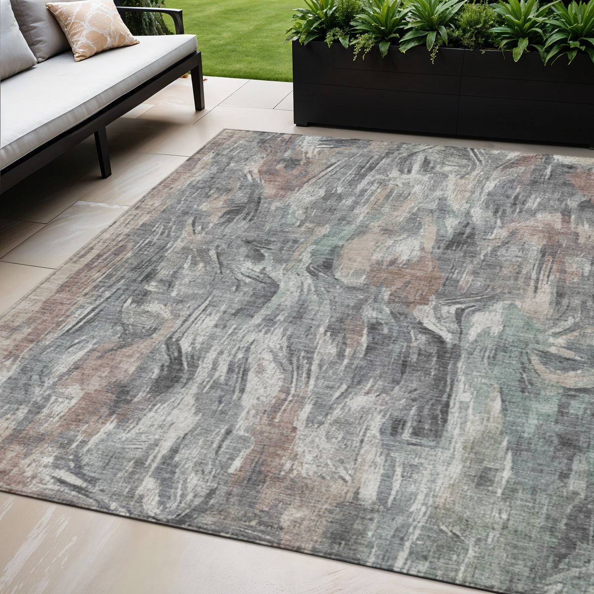 641357 5 x 8 ft. Gray Brown & Ivory Abstract Washable Transitional Indoor & Outdoor Rectangle Area Rug