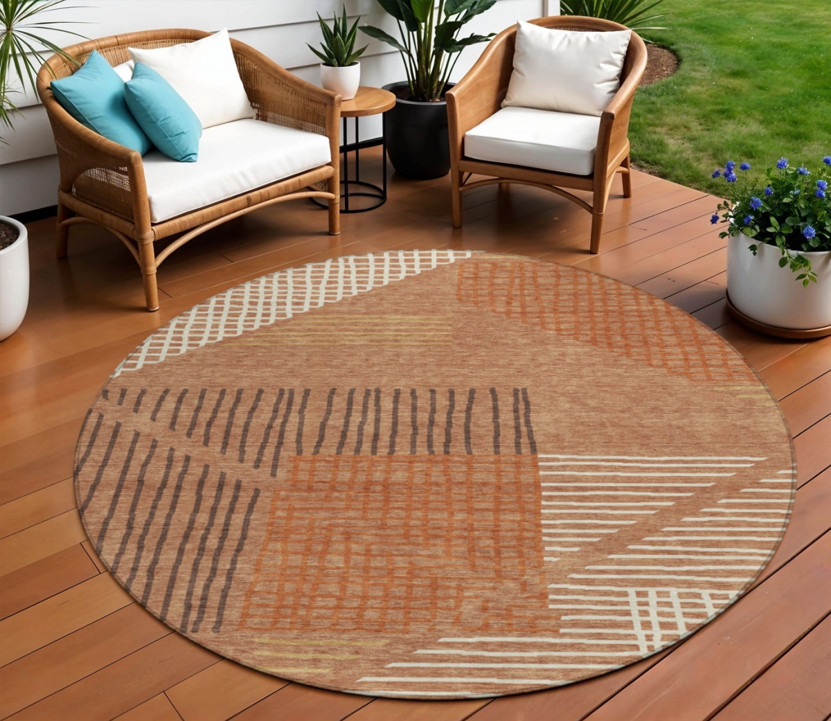 641412 8 ft. Rust & Ivory Striped Washable Transitional Indoor & Outdoor Round Area Rug