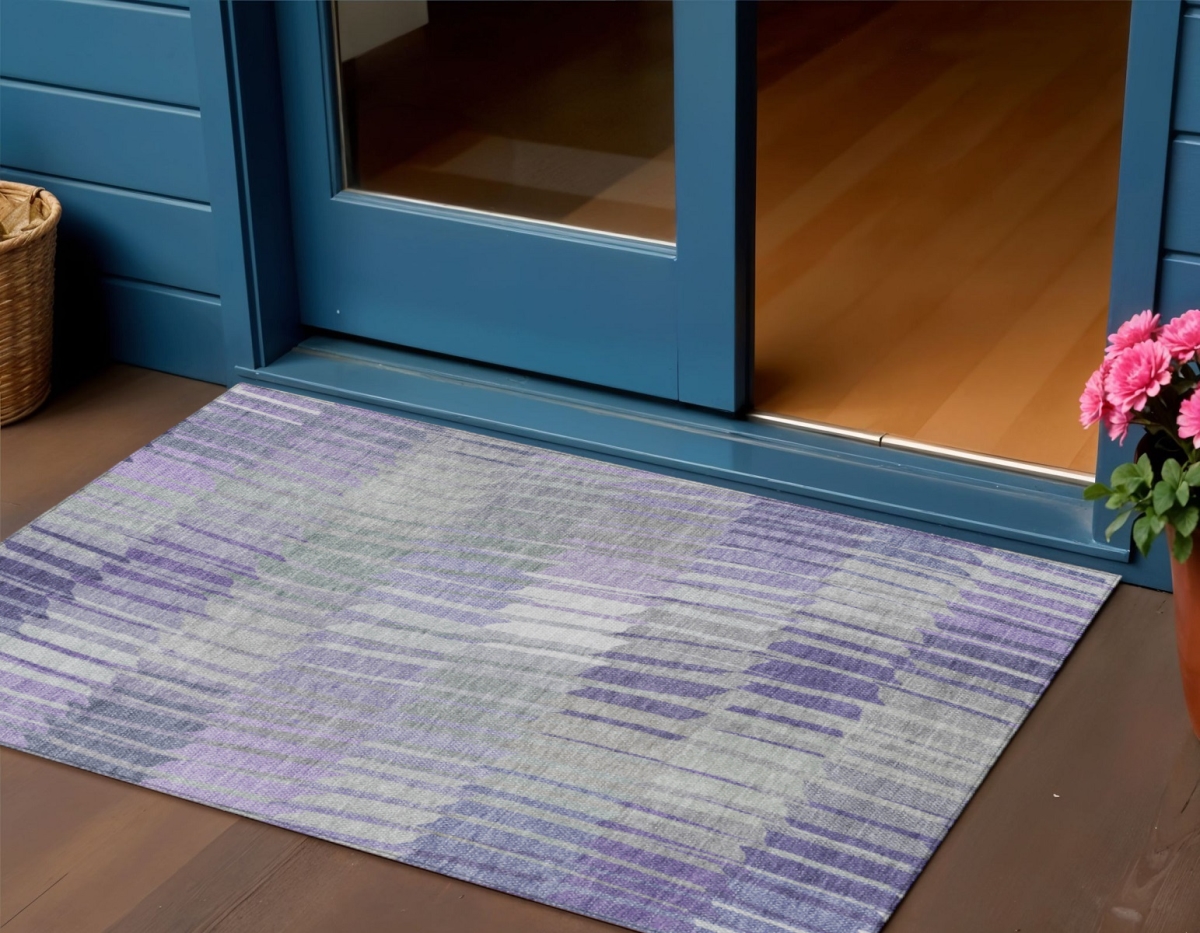 641434 3 x 5 ft. Lavender & Ivory Striped Washable Transitional Indoor & Outdoor Rectangle Area Rug