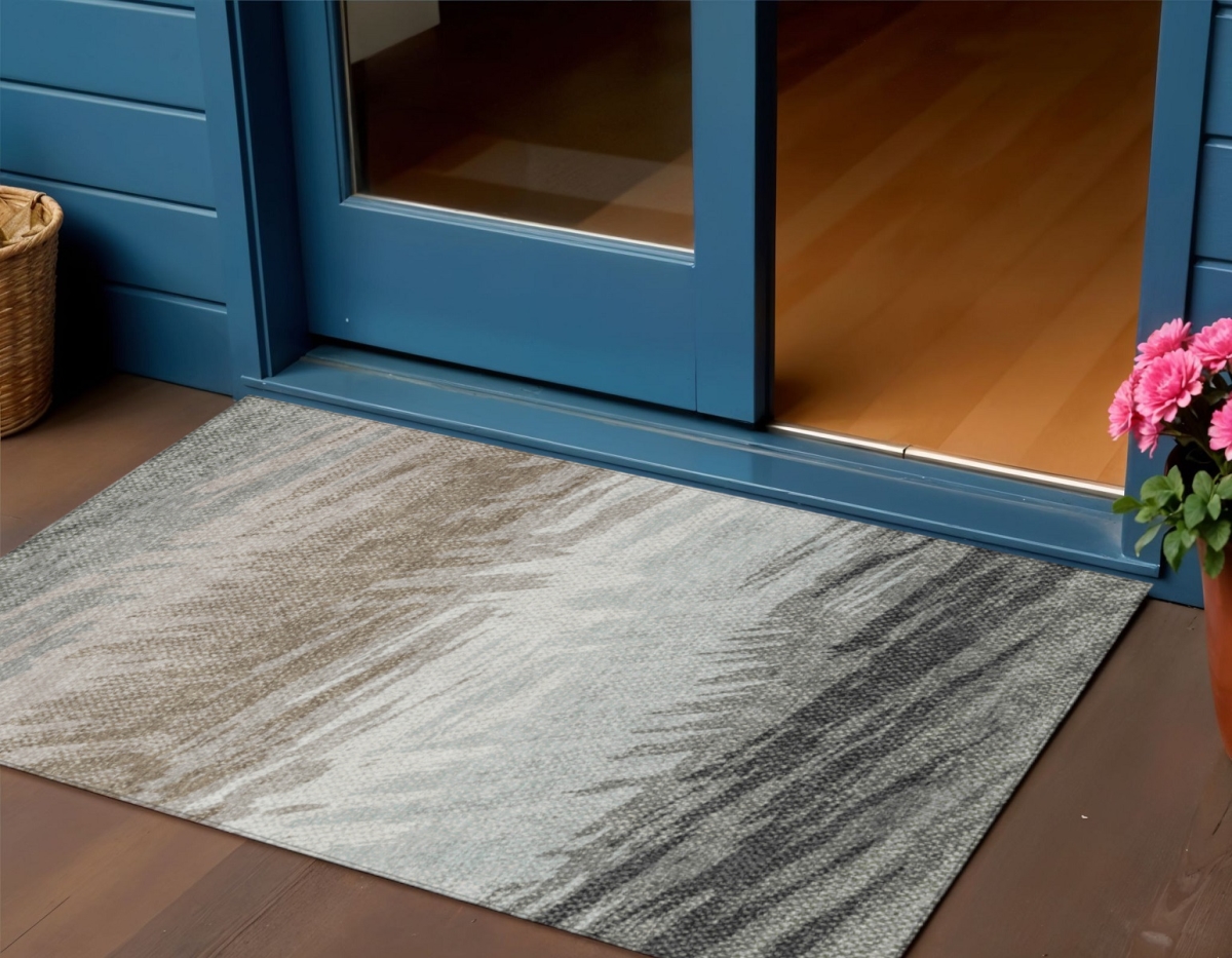 641470 3 x 5 ft. Brown Ivory & Gray Striped Washable Transitional Indoor & Outdoor Rectangle Area Rug