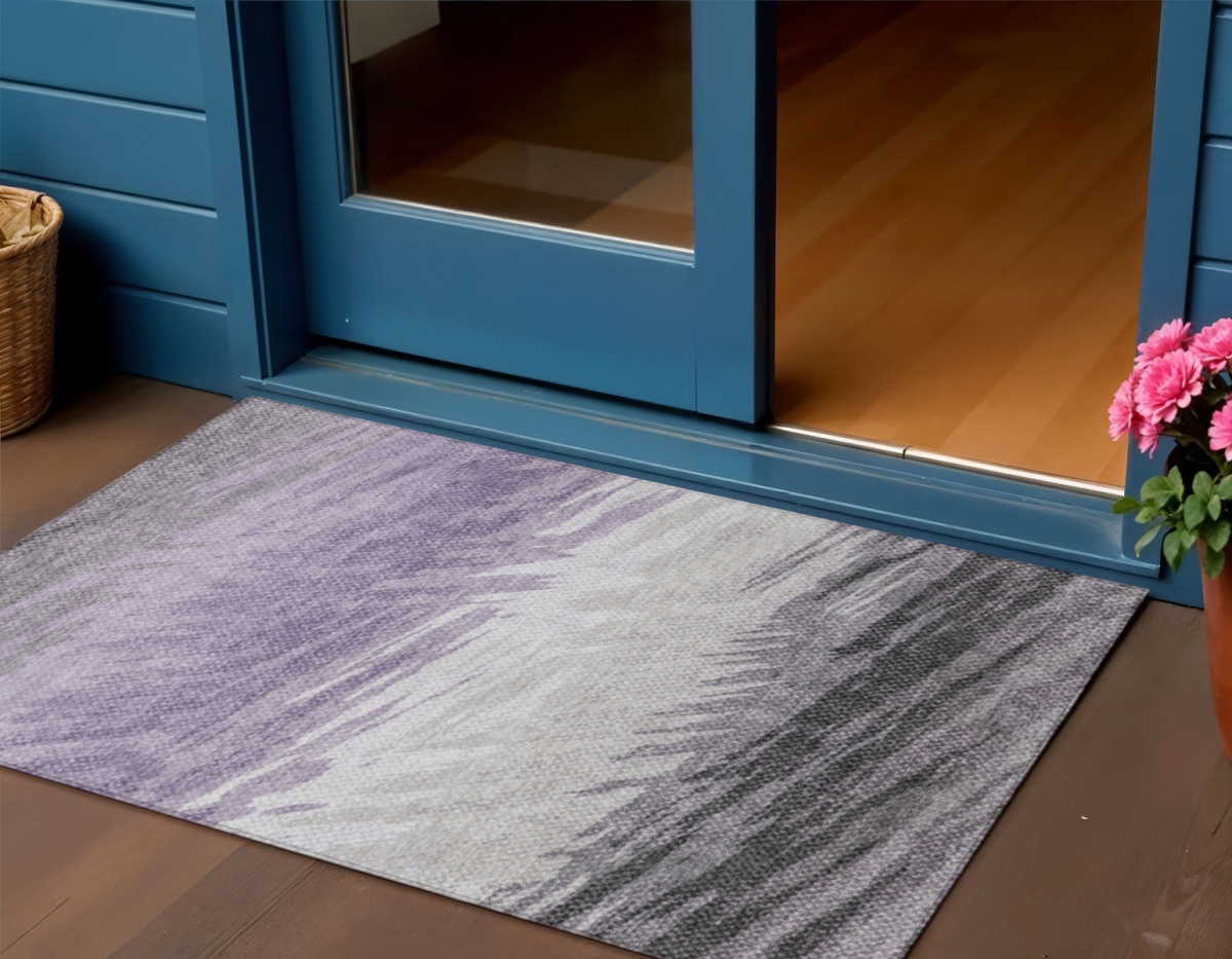 641494 3 x 5 ft. Lavender Ivory & Gray Striped Washable Transitional Indoor & Outdoor Rectangle Area Rug