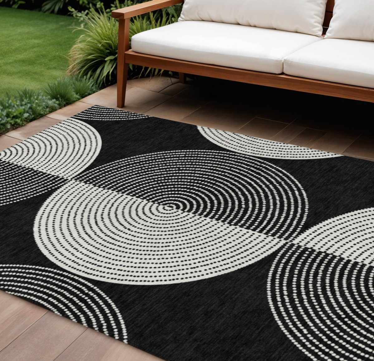 641595 10 x 14 ft. Black & Ivory Geometric Washable Transitional Indoor & Outdoor Rectangle Area Rug