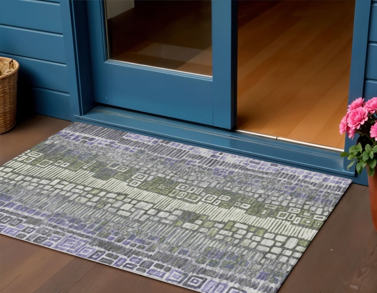 641320 3 x 5 ft. Purple Ivory & Green Geometric Washable Transitional Indoor & Outdoor Rectangle Area Rug