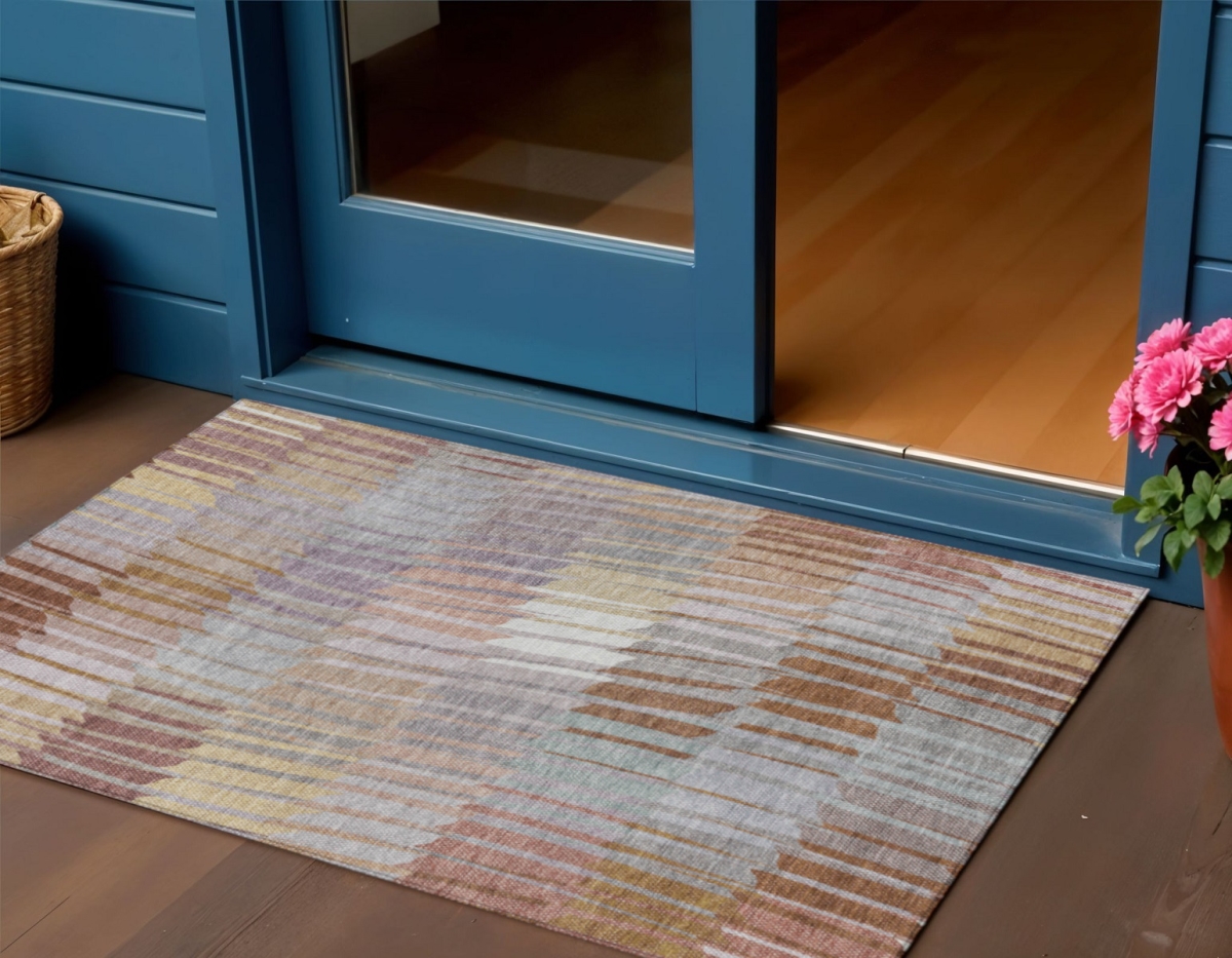 641422 3 x 5 ft. Copper, Ivory & Wheat Striped Washable Transitional Indoor & Outdoor Rectangle Area Rug