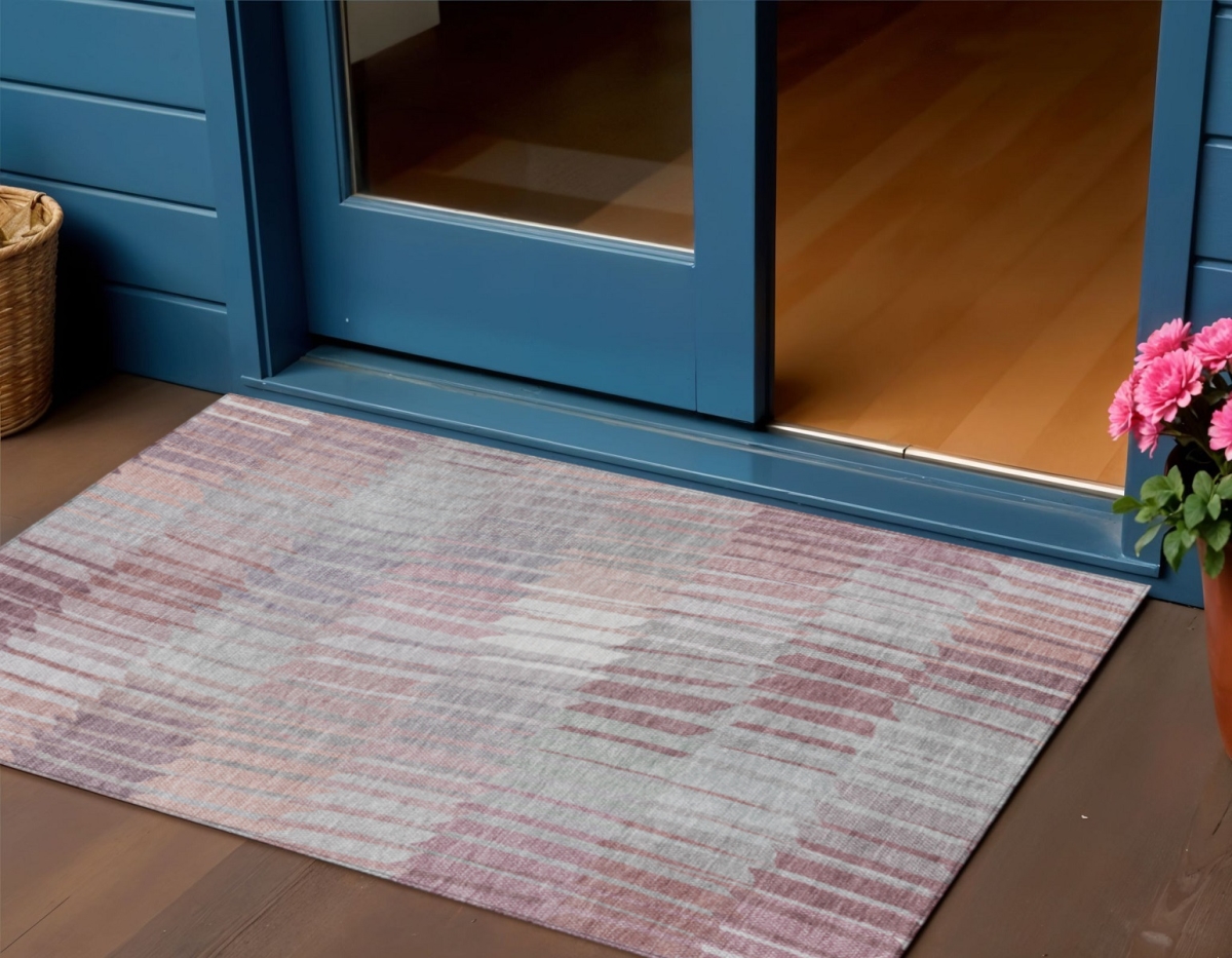 641440 3 x 5 ft. Merlot & Ivory Striped Washable Transitional Indoor & Outdoor Rectangle Area Rug