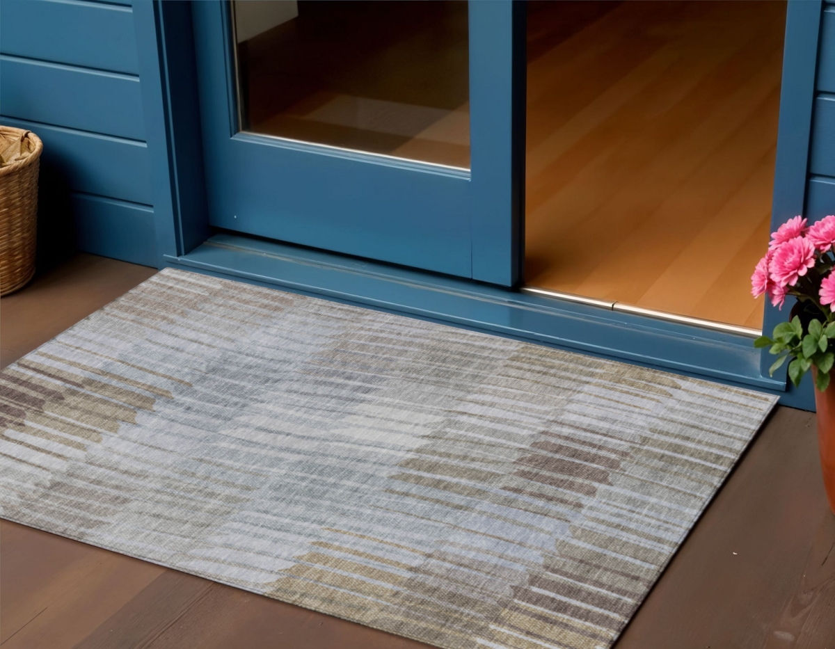 641464 3 x 5 ft. Taupe & Ivory Striped Washable Transitional Indoor & Outdoor Rectangle Area Rug