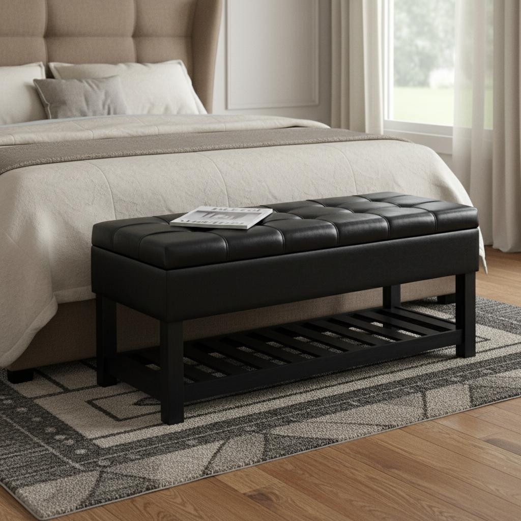 641755 43 in. Black & Espresso Leather Ottoman with Storage