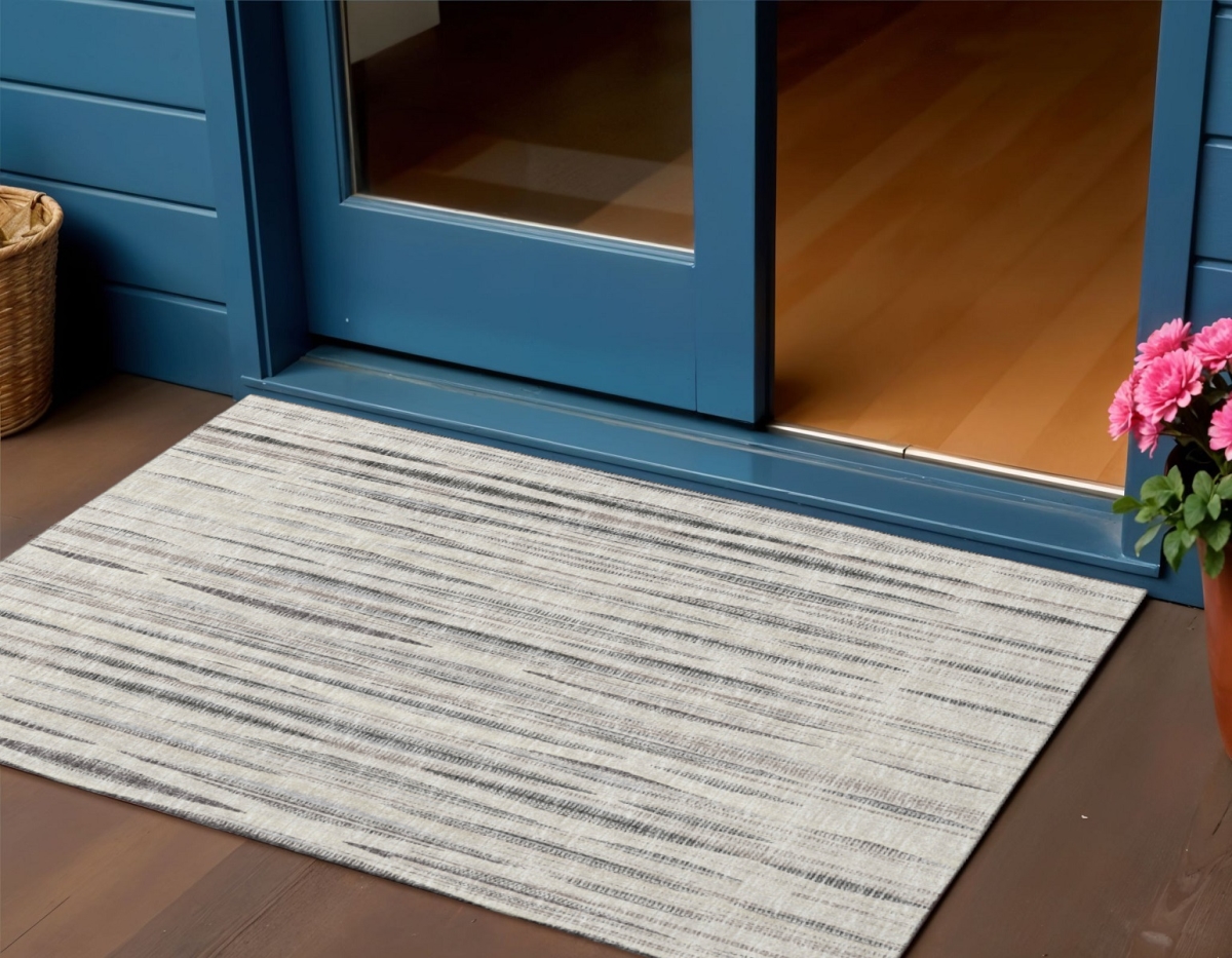 642320 3 x 5 ft. Beige & Gray Striped Washable Transitional Indoor & Outdoor Rectangle Area Rug