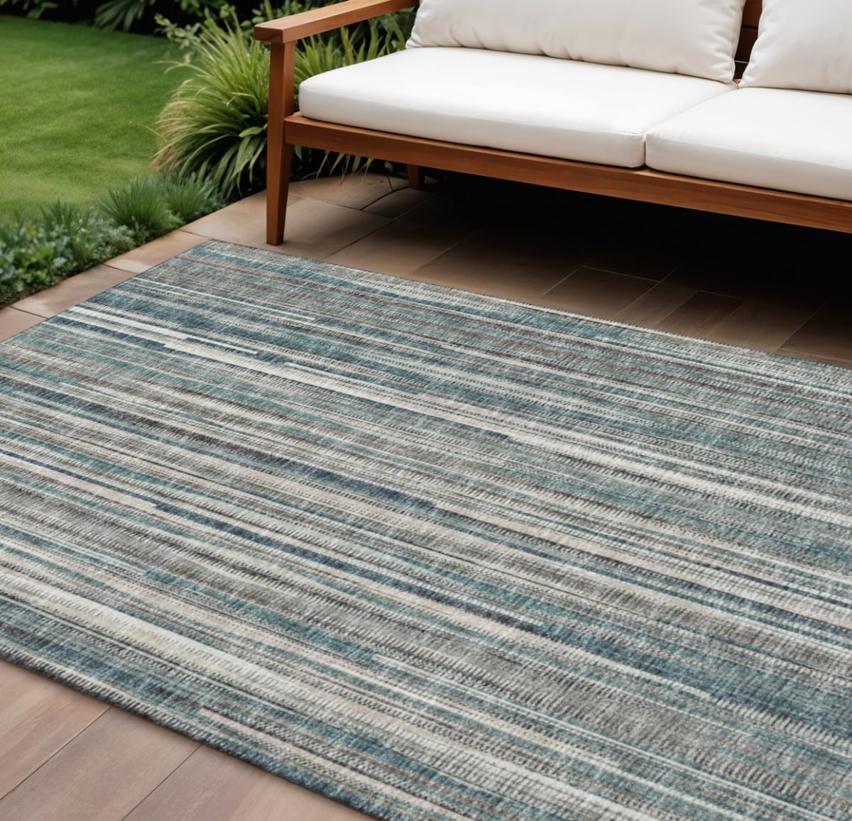 642349 10 x 14 ft. Persian Blue & Ivory Striped Washable Transitional Indoor & Outdoor Rectangle Area Rug