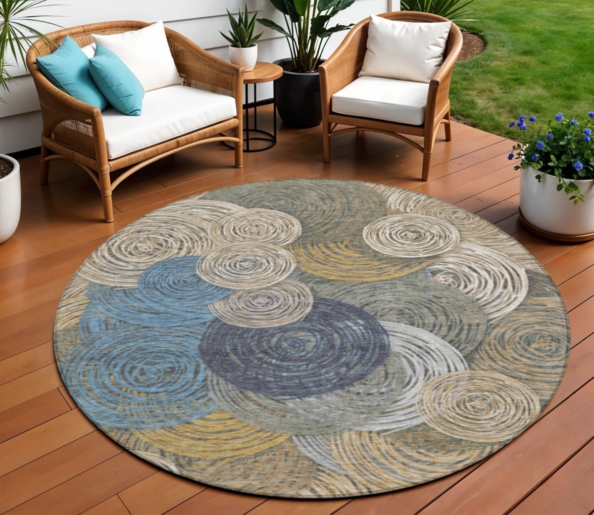 641268 8 ft. Beige Green Blue & Gold Geometric Washable Transitional Indoor & Outdoor Round Area Rug