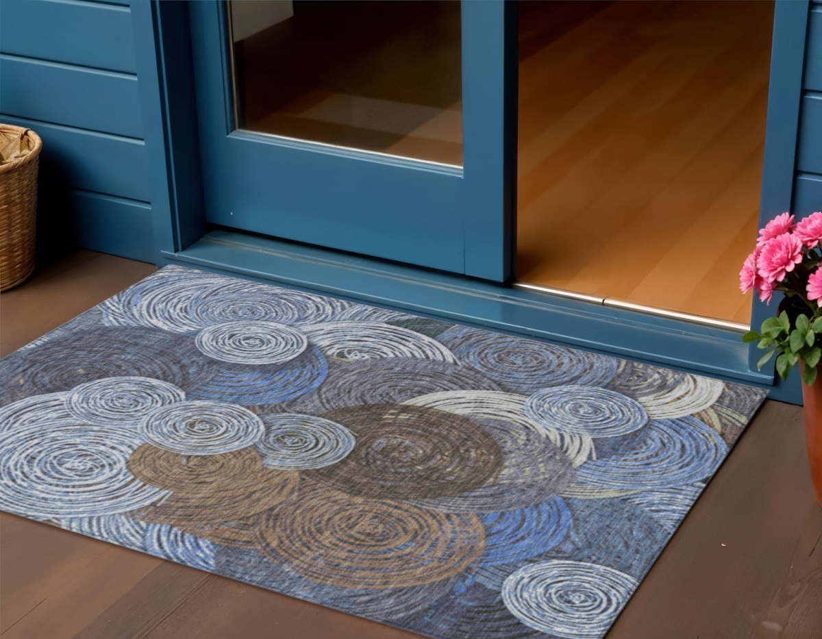 641278 3 x 5 ft. Blue Brown & Ivory Geometric Washable Transitional Indoor & Outdoor Rectangle Area Rug