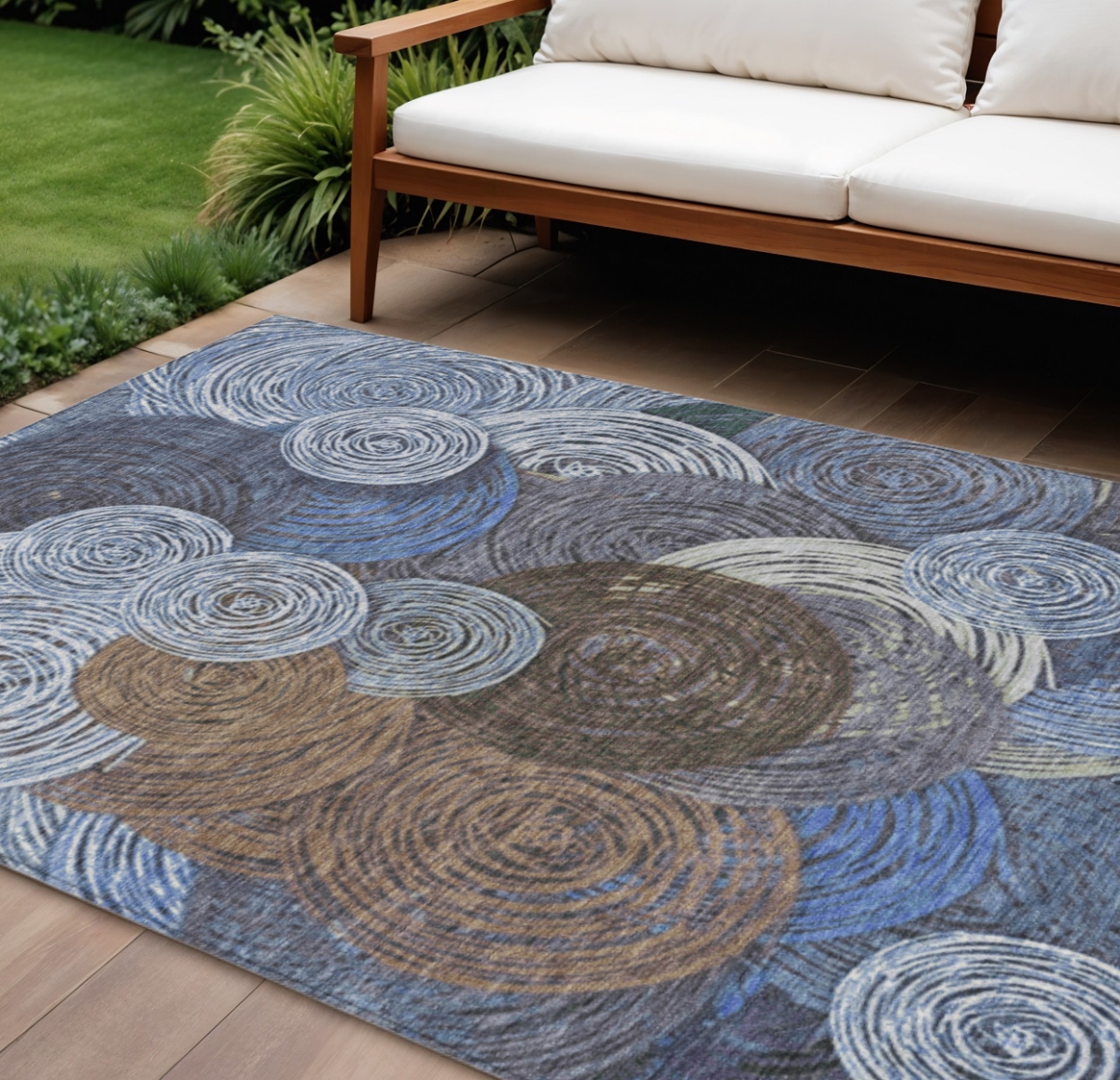 641282 9 x 12 ft. Blue Brown & Ivory Geometric Washable Transitional Indoor & Outdoor Rectangle Area Rug