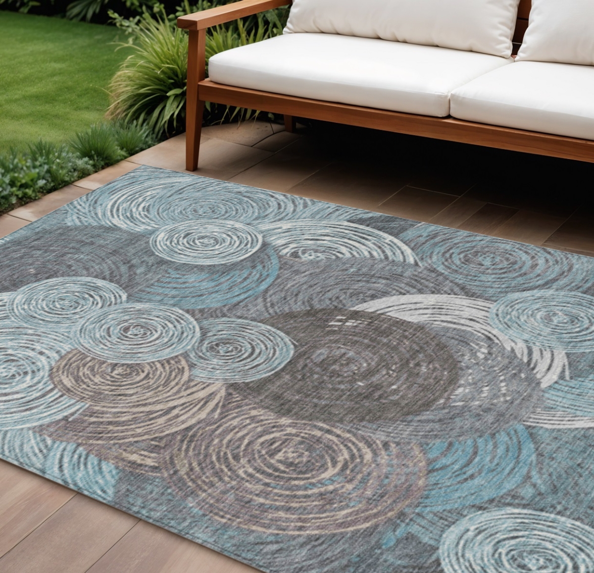 641301 10 x 14 ft. Teal Blue, Ivory & Taupe Geometric Washable Transitional Indoor & Outdoor Rectangle Area Rug