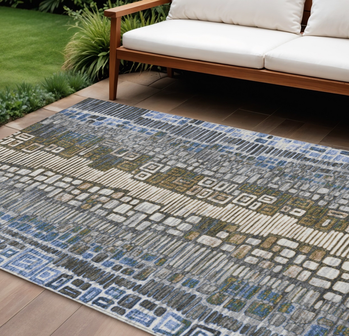 641319 10 x 14 ft. Denim Blue, Ivory & Beige Geometric Washable Transitional Indoor & Outdoor Rectangle Area Rug